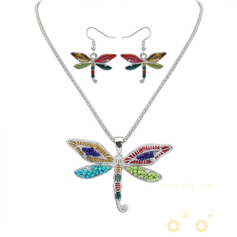 Colorful Dragonfly wings Necklace & Earrings Set - WikiWii