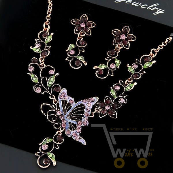 Crystal Flower Butterfly Set ( Earrings &Necklace ) - WikiWii