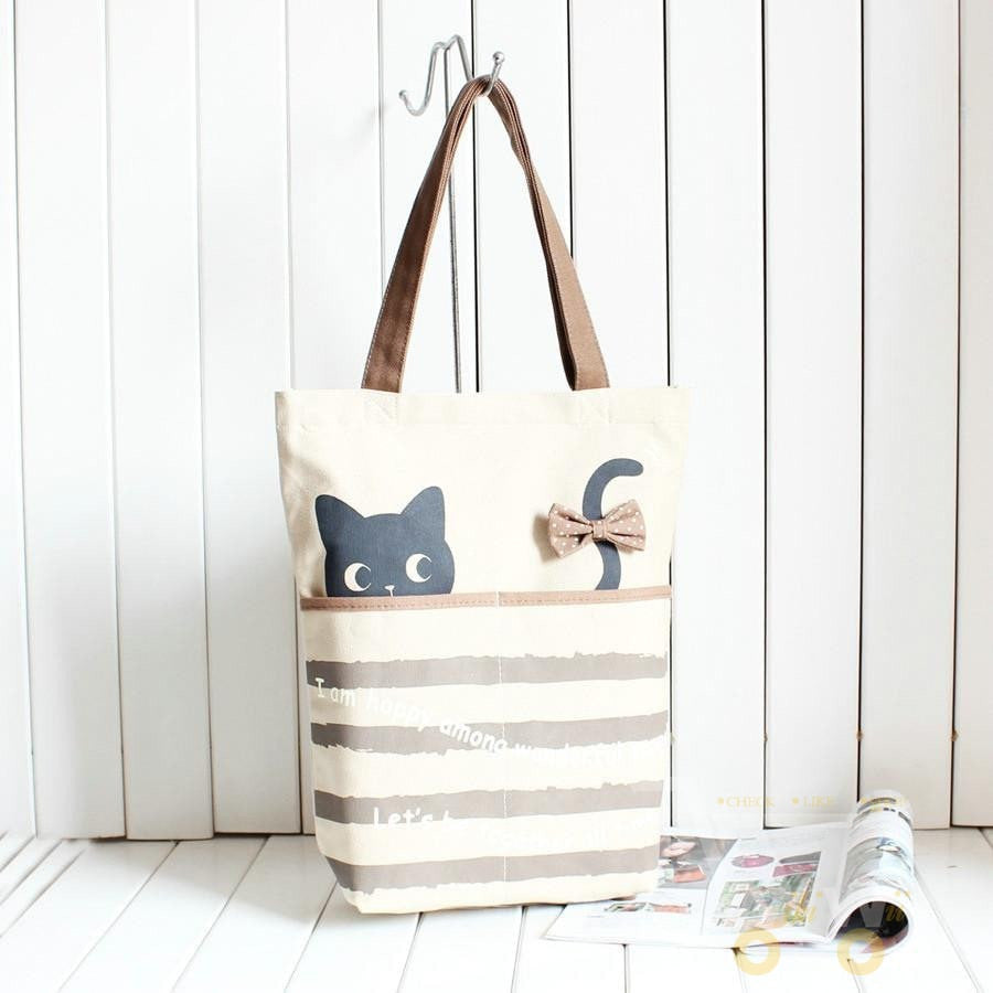 cute cat fishing canvas handbags color Beige - WikiWii