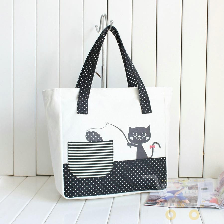 cute cat fishing canvas tote bag - WikiWii