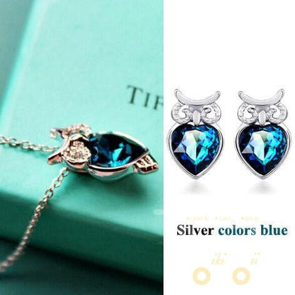 Cute Crystal Owl Necklace , Earrings 18K - WikiWii