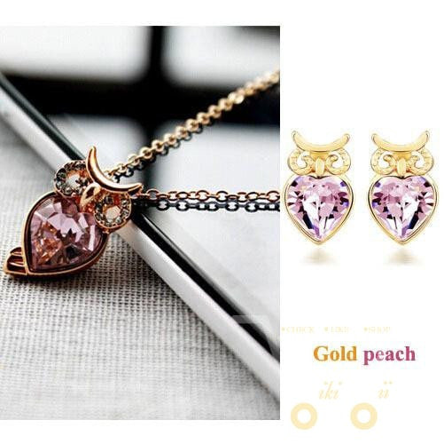 Cute Crystal Owl Necklace , Earrings 18K - WikiWii