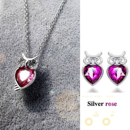 Cute Crystal Owl Necklace , Earrings 18K - WikiWii