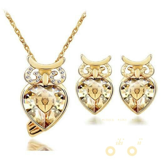 Cute Crystal Owl Necklace , Earrings 18K - WikiWii