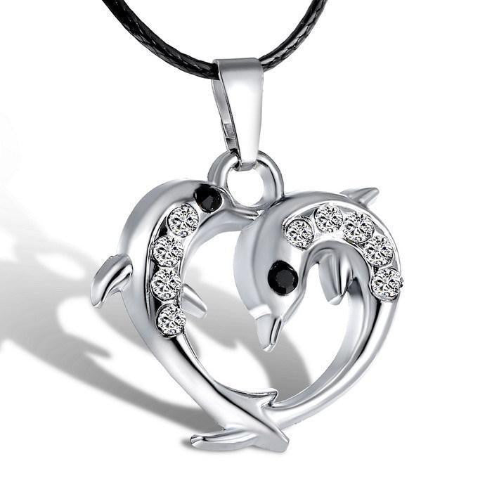 Cute Doule dolphin pendants heart necklaces - WikiWii