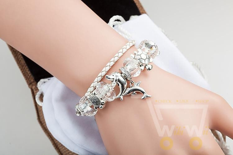 Dolphins Charm Bracelet White leather - WikiWii