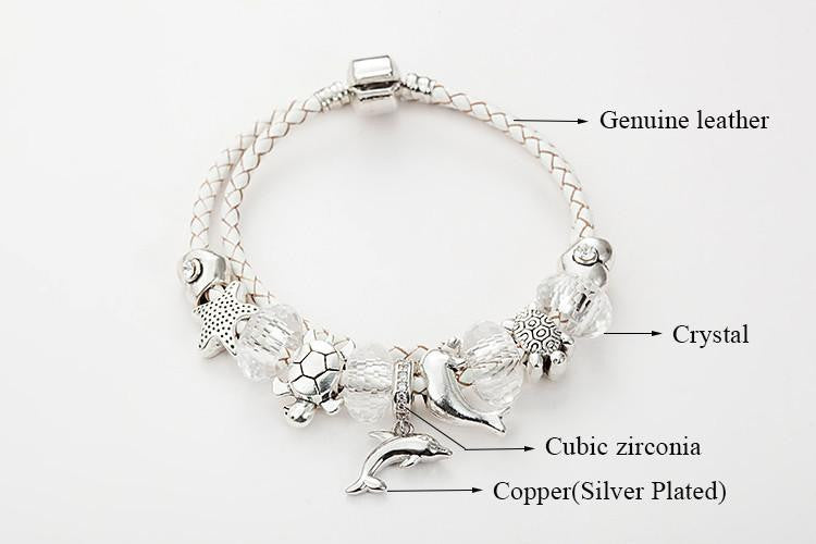 Dolphins Charm Bracelet White leather - WikiWii