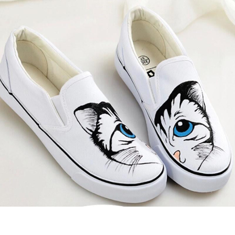 Flat Shoe Lovely Cartoon Cat Hand Painted - WikiWii