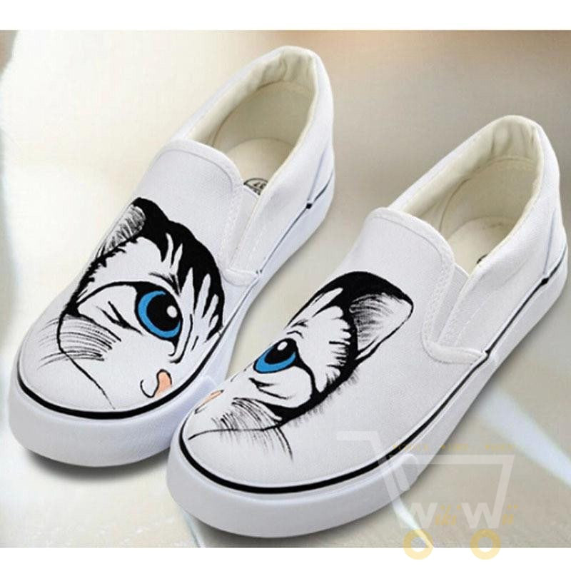 Flat Shoe Lovely Cartoon Cat Hand Painted - WikiWii