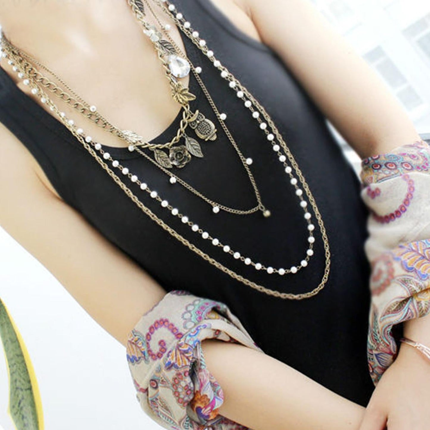 Gold Color Leaf Owl Imitation Pearl Multi-layer Necklaces Long Necklace - WikiWii