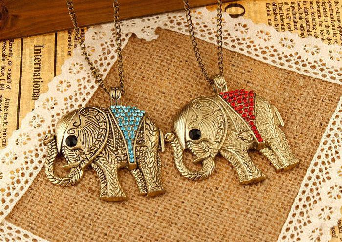 Gold Long Chain Rhinestone Elephant Necklace - WikiWii