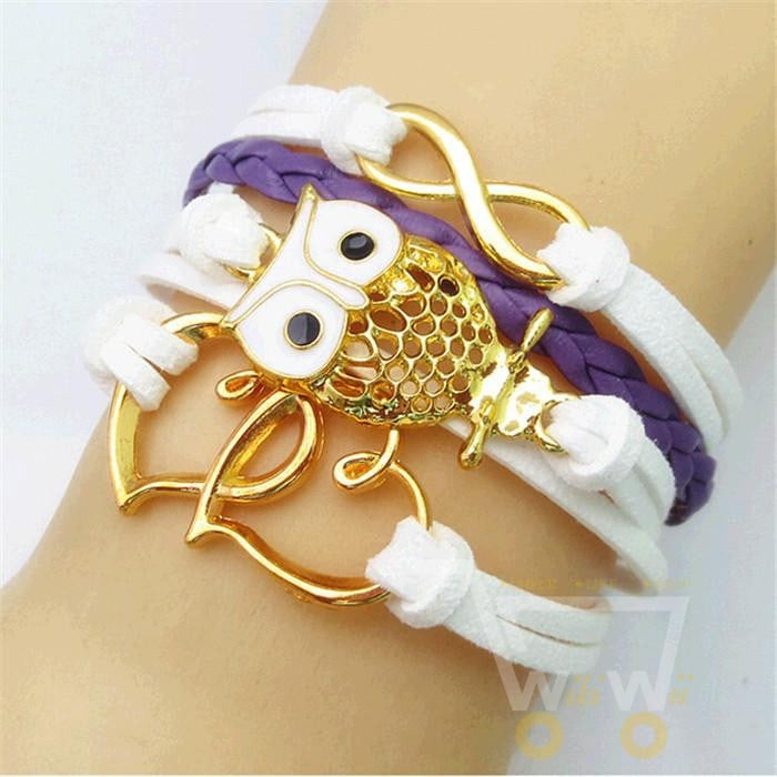 Gold Plated Owl/ heart Friendship Leather Bracelet - WikiWii