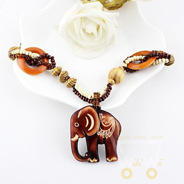Hand Made Bead Wood Elephant Necklace - WikiWii