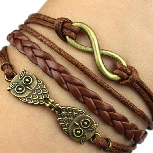 Handmade Braided Leather Owl Infinity Bracelet - WikiWii