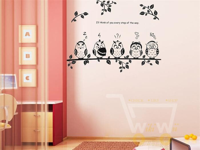happy owl family stand on the branch PVC wall stickers - WikiWii