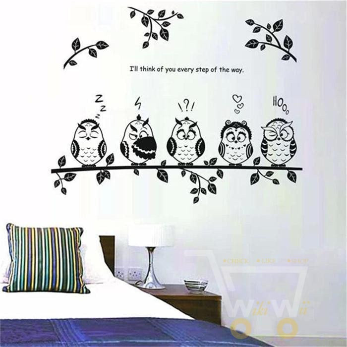 happy owl family stand on the branch PVC wall stickers - WikiWii
