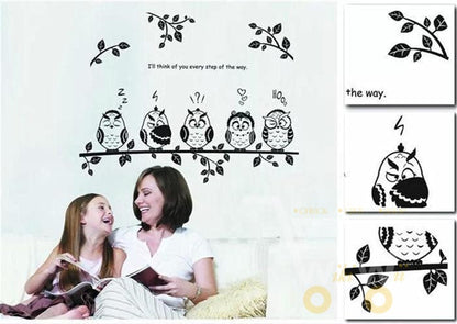 happy owl family stand on the branch PVC wall stickers - WikiWii