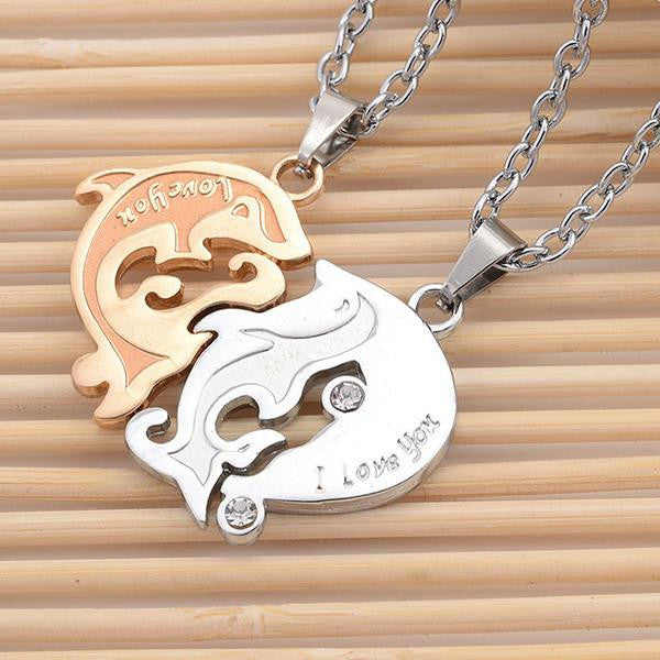 I Love U Dolphin Matching Heart Paired Pendants Necklaces - WikiWii