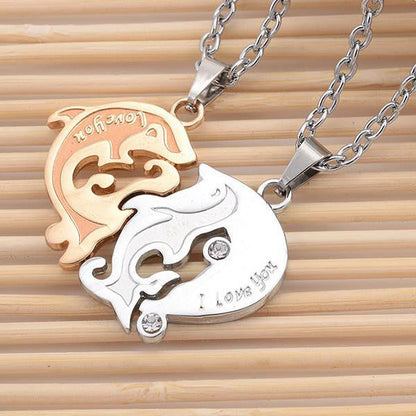 I Love U Dolphin Matching Heart Paired Pendants Necklaces - WikiWii