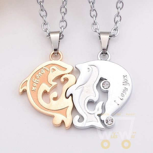 I Love U Dolphin Matching Heart Paired Pendants Necklaces - WikiWii