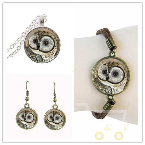 owl jewelry set bird photo glass set bronze necklace,earring,leather bracelet - WikiWii