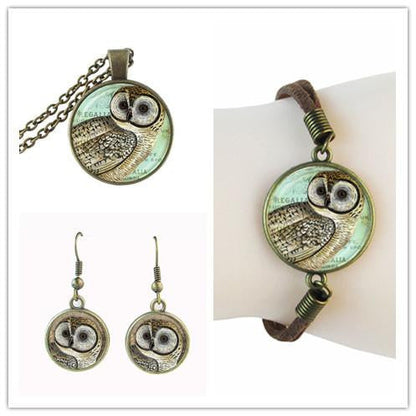 owl jewelry set bird photo glass set bronze necklace,earring,leather bracelet - WikiWii