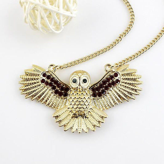 Owl Necklace Long Gold color Chain with Rhinestone Bird Necklaces - WikiWii