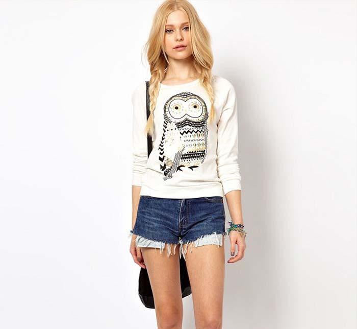 Owl Print Women Cotton Blended Cartoon Blouse - WikiWii