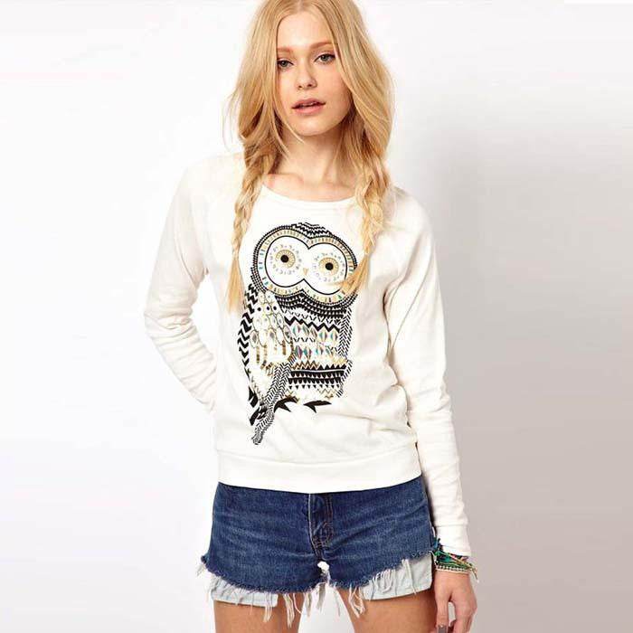 Owl Print Women Cotton Blended Cartoon Blouse - WikiWii