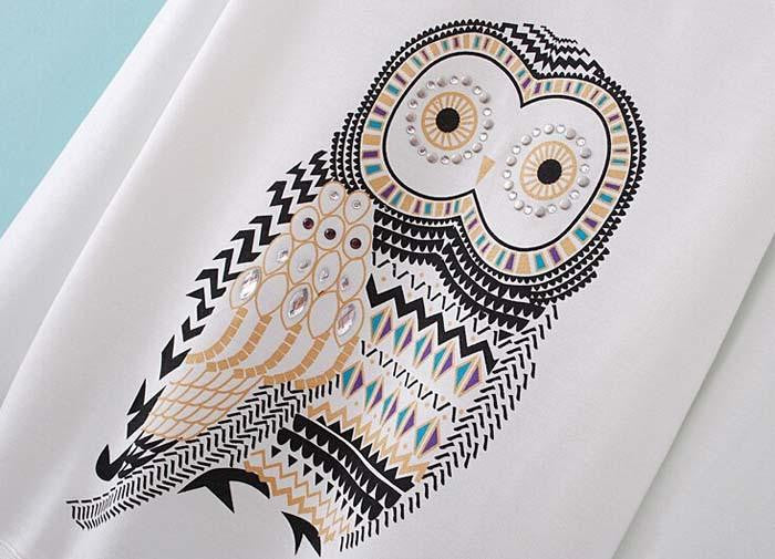 Owl Print Women Cotton Blended Cartoon Blouse - WikiWii