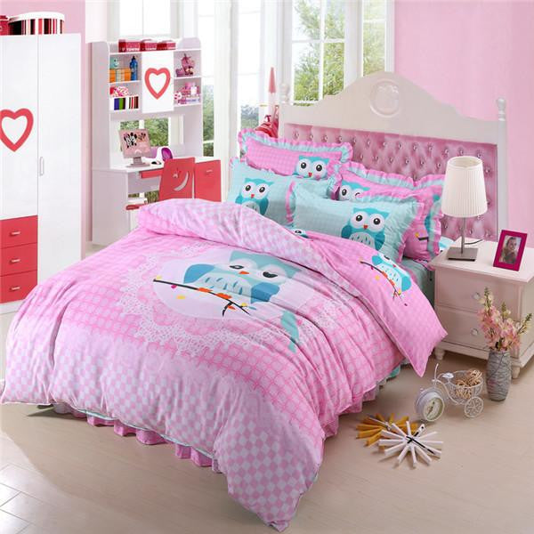 Pink Owl Bedding Sets, 4 pc Queen Size Owl 100% Polyester Fibre - WikiWii