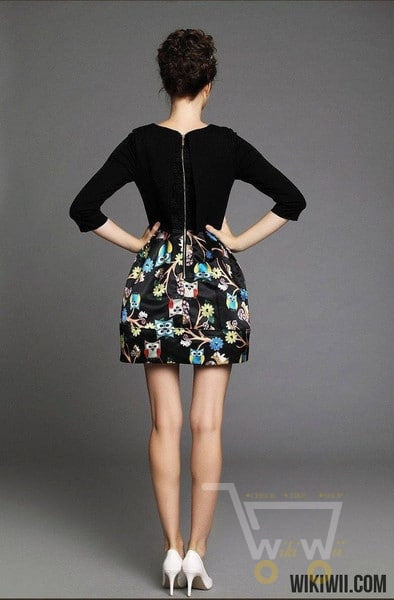 Printed sleeve crew neck symmetrical Owl dress - WikiWii