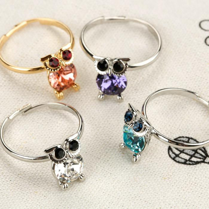 Rhinestone Owl Adjustable Finger Rings - WikiWii