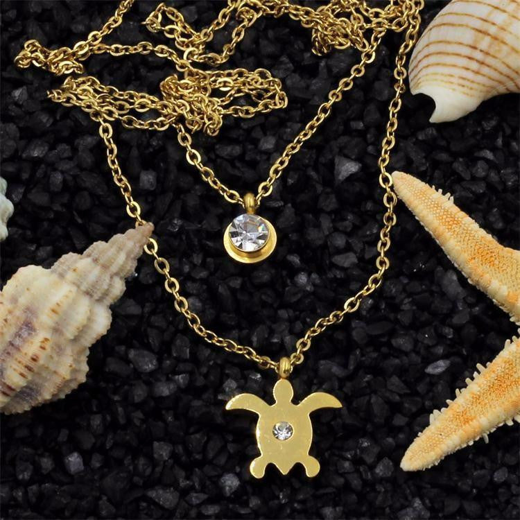 Sea Turtle Double Chain Necklace With Crystal, Gold / Silver plated - WikiWii