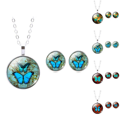 Set Butterfly Art Picture Glass Pendant Necklace & Earrings - WikiWii