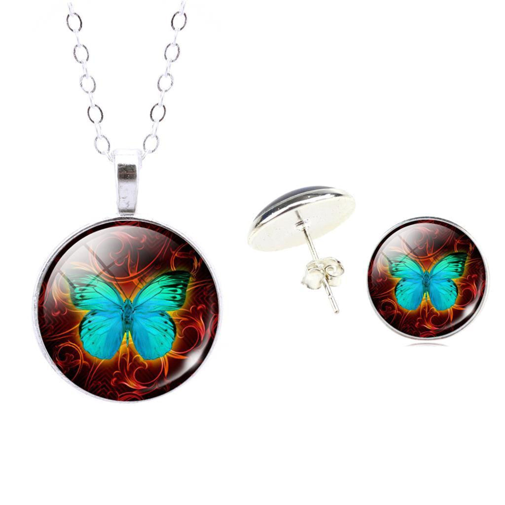 Set Butterfly Art Picture Glass Pendant Necklace & Earrings - WikiWii