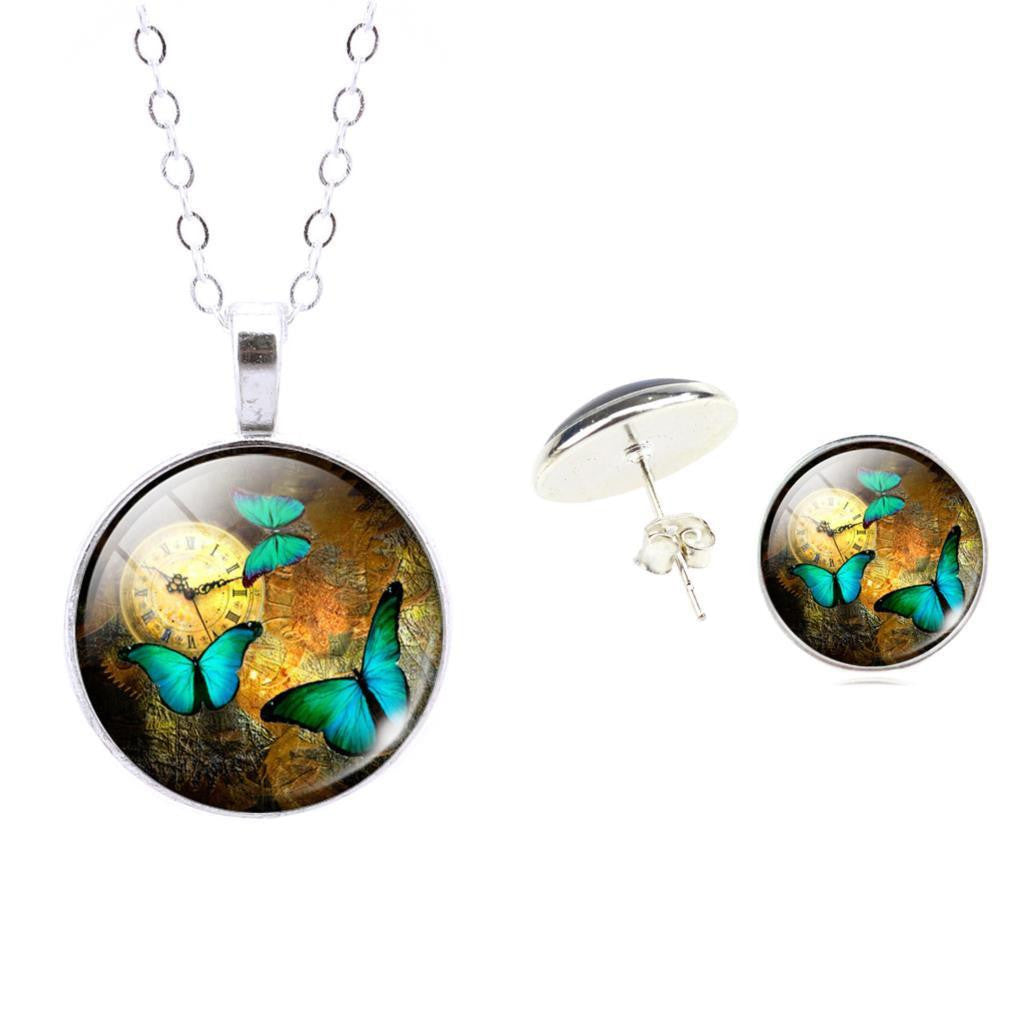 Set Butterfly Art Picture Glass Pendant Necklace & Earrings - WikiWii