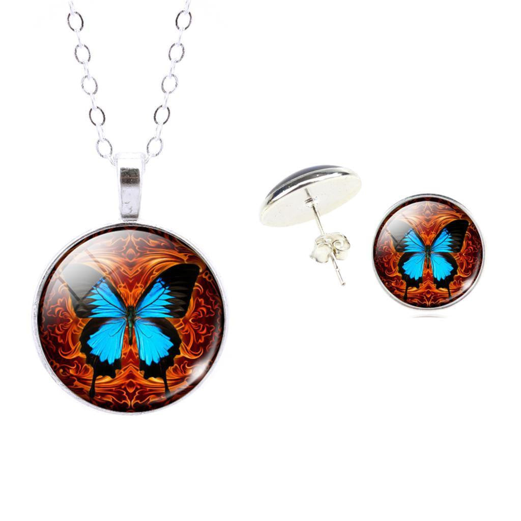 Set Butterfly Art Picture Glass Pendant Necklace & Earrings - WikiWii