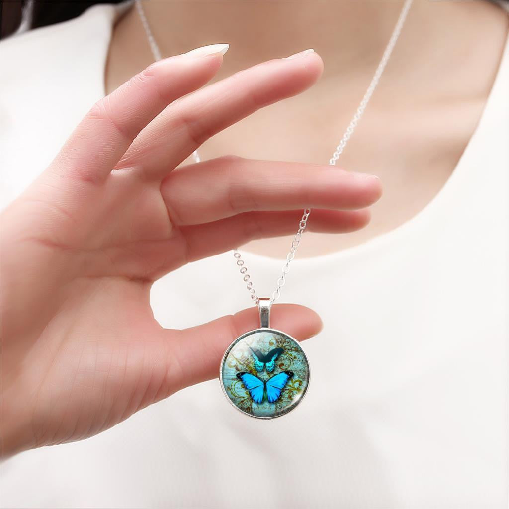 Set Butterfly Art Picture Glass Pendant Necklace & Earrings - WikiWii