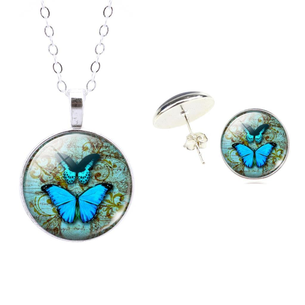 Set Butterfly Art Picture Glass Pendant Necklace & Earrings - WikiWii