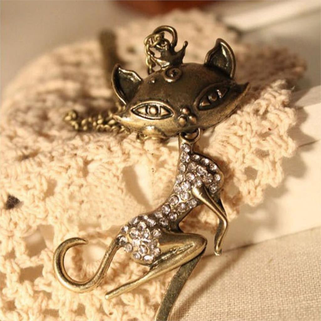 Sexy Cat Crystal Pendant Necklace Antique Bronze Color Long Sweater - WikiWii