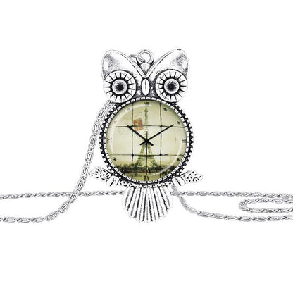 Silver Plated  Clock Owl Necklace - WikiWii