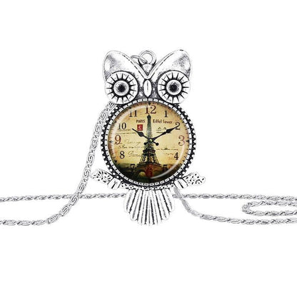 Silver Plated  Clock Owl Necklace - WikiWii