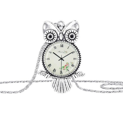 Silver Plated  Clock Owl Necklace - WikiWii