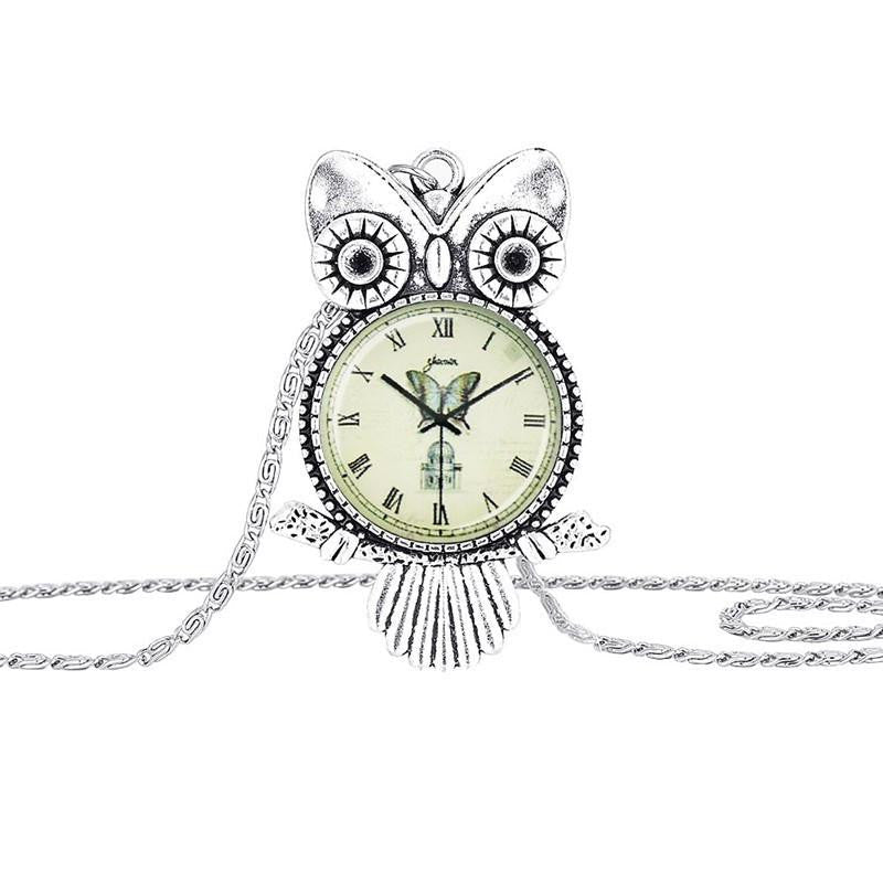 Silver Plated  Clock Owl Necklace - WikiWii