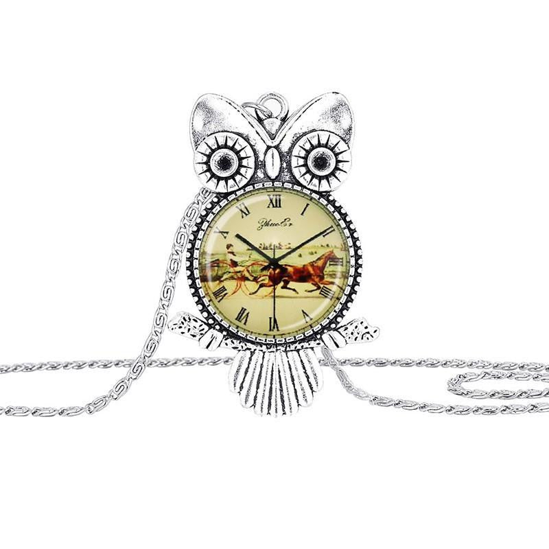 Silver Plated  Clock Owl Necklace - WikiWii