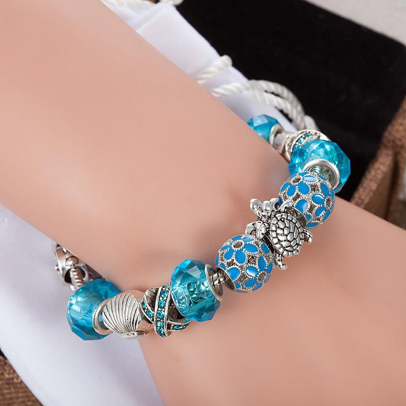 silver plated Sea Turtles beads Blue crystal Charm bracelet - WikiWii