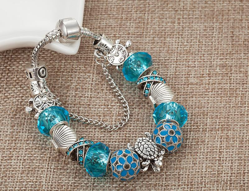 silver plated Sea Turtles beads Blue crystal Charm bracelet - WikiWii