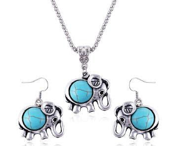 Silver Turquoise Long Rhinestone Elephant Necklace & Earning - WikiWii