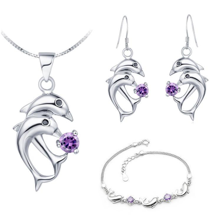 Silver Two Dolphins Women Necklaces Earrings Bracelets Sets Trendy Rhinestone Jewelry - WikiWii